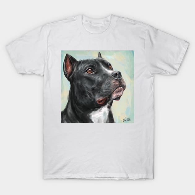 Painting of a Black Pit Bull Looking into the Horizon, on light Blue Yellow Background T-Shirt by ibadishi